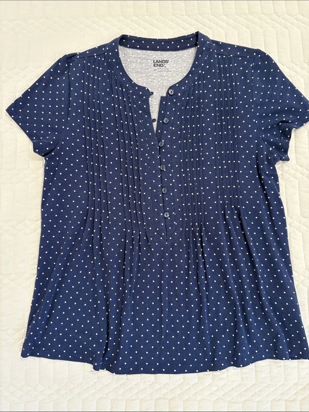 Lands' End Navy and White Polka Dot Pintuck Button-Front Top